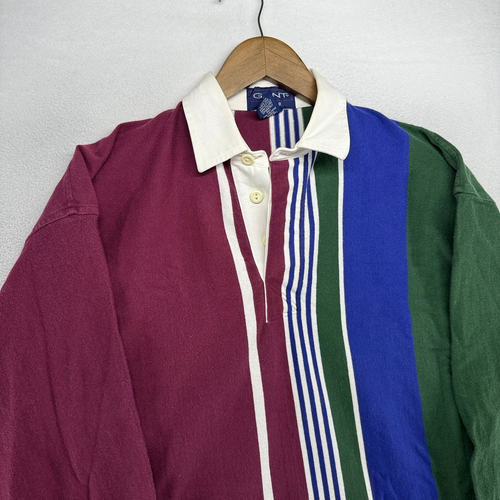 Vintage Gant Rugby Shirt men's Medium Red Blue Green Vertically Striped 90s Peru - Picture 2 of 8